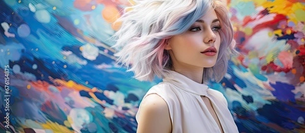 Obraz In the summer light a girl with white and blue hair stood out against the background of a vibrant art filled party her colorful face adorned with a portrait of makeup showcasing her love for