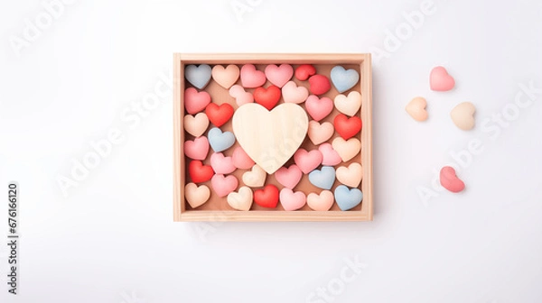 Obraz Valentine’s Day concept: bird-eye view of a wooden box with pestle color hearts inside, isolated blank background for copy space