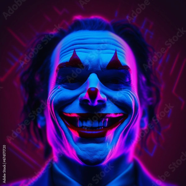 Fototapeta Neon Clown Face: Vibrant Pink and Blue Lights Artwork Created with generative AI tools.