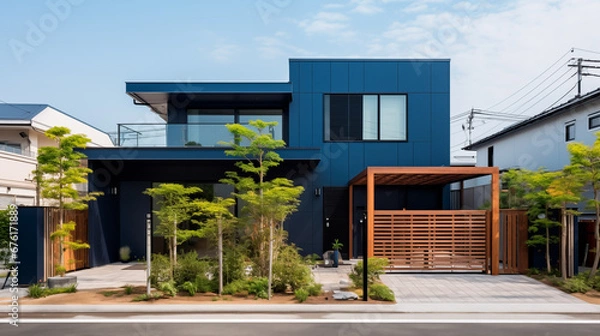 Obraz 塗装ガルバリウム鋼板を用いた紺色の機能的な住宅