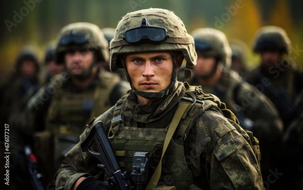 Fototapeta Determined soldier in combat uniform leading a platoon in a military exercise.