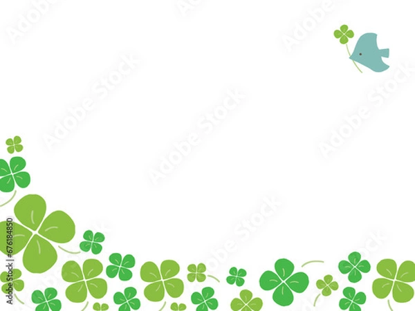 Fototapeta かわいい鳥とクローバーのフレーム／手書きイラスト素材