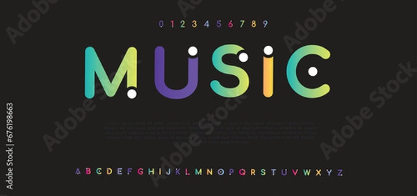 Fototapeta MUSIC modern alphabet. Dropped stunning font, type for futuristic logo, headline, creative lettering and maxi typography. Minimal style letters with yellow spot. Vector typographic design 