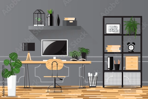 Fototapeta Office in modern style with work desk and computer decorated with potted plants in modern style.