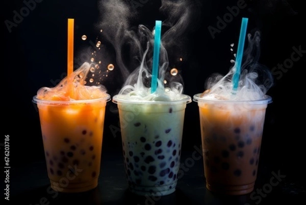 Fototapeta colorful bubble tea on misty dark  background Halloween Theme