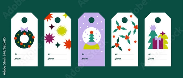 Obraz Set of New Year labels for decorating gifts. Collection of Christmas cards with gifts, a green tree, snowflakes, balloons, a wreath, stars in the style of abstract cut out shapes. Vector illustration.