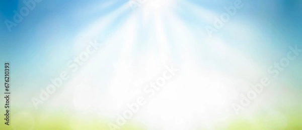 Fototapeta ESG concept, abstract blurred beautiful soft green bokeh light grass and blue sky autumn sunrise background