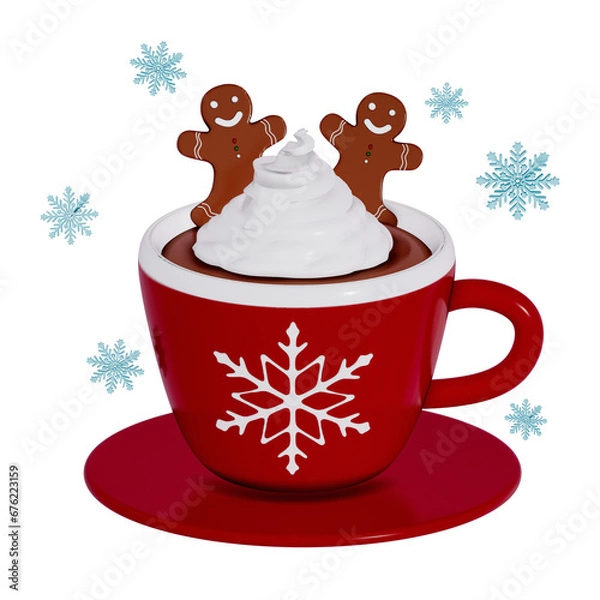 Fototapeta Christmas Dessert 3D , Hot chocolate with Christmas gingerbread cookies and a cinnamon stick in a red mug with a snowflake on Transparent background . 3D Rendering