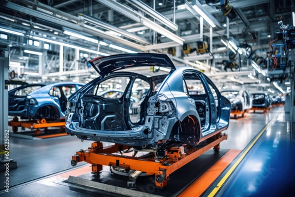 Fototapeta Automated assembly line for robot manipulators for the production of high-tech electric vehicles running on clean energy.