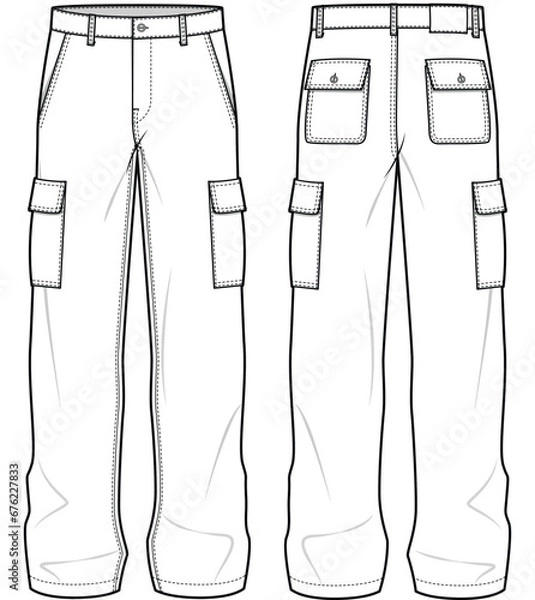 Obraz mens wide leg baggy cargo pant flat sketch vector illustration front and back view technical cad drawing template