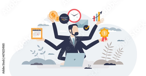 Fototapeta Overemployment as multiple jobs and overworked struggle tiny person concept, transparent background. Stress from unhealthy balance and time management illustration.