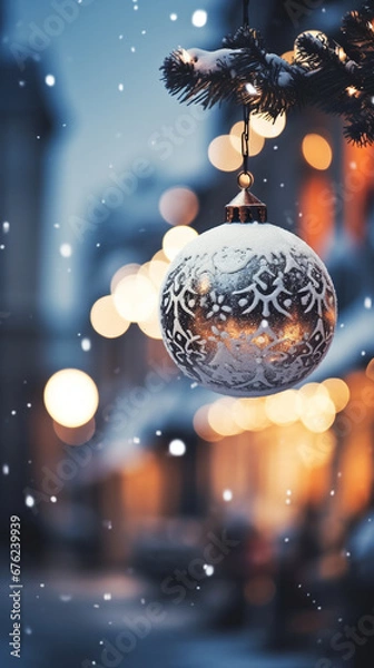 Fototapeta Christmas ball handing on and out of focus in front of bokeh night background. AI generated.