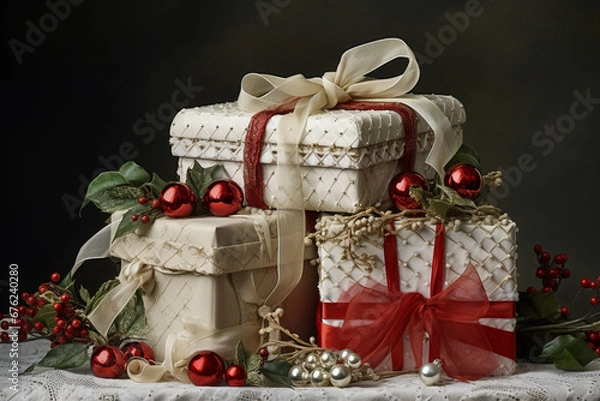 Fototapeta christmas and new year gifts on table. AI generated.