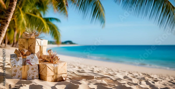 Fototapeta Christmas presents in the sand on a tropical beach. Concept of traveling on a Christmas holiday and celebrating the holidays somewhere warm. Shallow field of view.