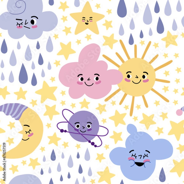 Fototapeta Cartoon kids weather characters. Cute baby meteorological elements, positive emotions, funny faces, kawaii style emoticons, vector set