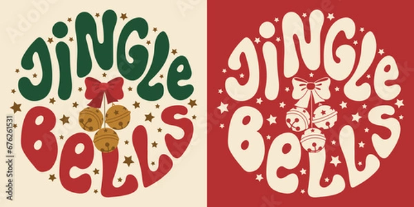 Fototapeta Retro groovy lettering Jingle Bells with stars in yellow red green colors. Round slogan in vintage style 60s 70s. Trendy groovy print design for background, posters, cards, tshirts.