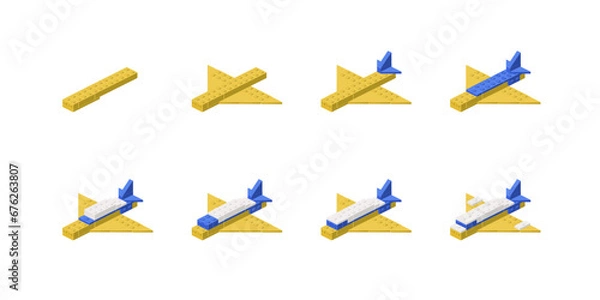 Obraz Step-by-step construction of an airplane from plastic blocks. Vector