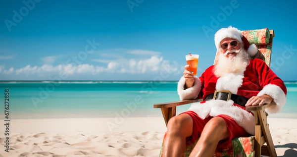 Fototapeta Santa Claus sitting in a beach chair on a tropical beach, holding a cocktail drink and relaxing in the sun. Concept of celebrating Christmas somewhere warm. Shallow field of view with copy space.