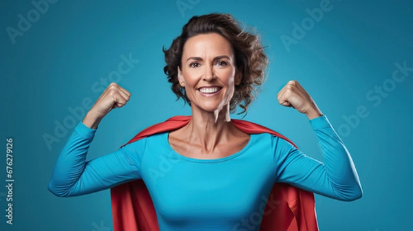 Fototapeta supermom hero showing victory.