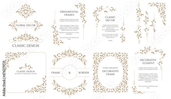 Obraz Set of decorative frames, corners and borders. Graphic design page. Floral elegant pattern.