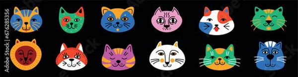 Fototapeta Cat characters. Trendy colorful abstract faces. Modern animal shapes, funny kid art, stray kitten in doodle artwork. Avatar portrait. Bright pets. Vector cartoon flat isolated illustration, tidy set