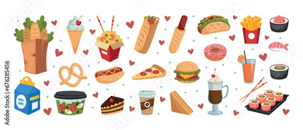 Fototapeta Takeaway food. Lunch container. Meal package. Sandwich and salad. Cafe delivery box. Hot dog. Coffee cup. Grocery shop bag. Sushi and sashimi. Isolated fastfood snacks set. Vector tidy illustration