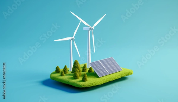 Fototapeta Illustration of wind power farm. Wind energy turbines and solar panel on green island in front of blue backdrop. 