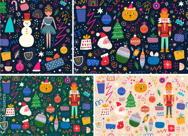 Fototapeta Set of New Year and Christmas seamless patterns with holiday symbols and elements. Christmas and New Year vector backgrounds
