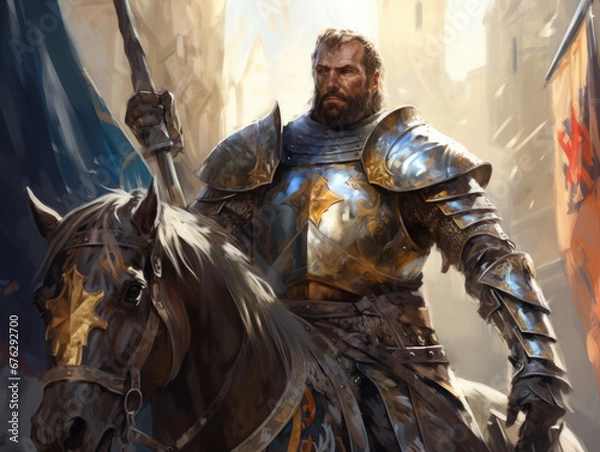 Obraz Knight in armor on horseback. Digital art.