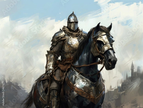 Obraz Knight in armor on horseback. Digital art.