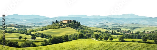 Fototapeta Tranquil countryside landscape with rolling hills and farm fields, cut out