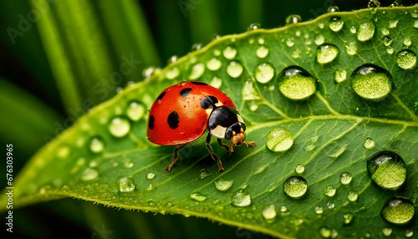 Fototapeta Macro photography of a red ladybug with black dots above a green leaf with dew drops.