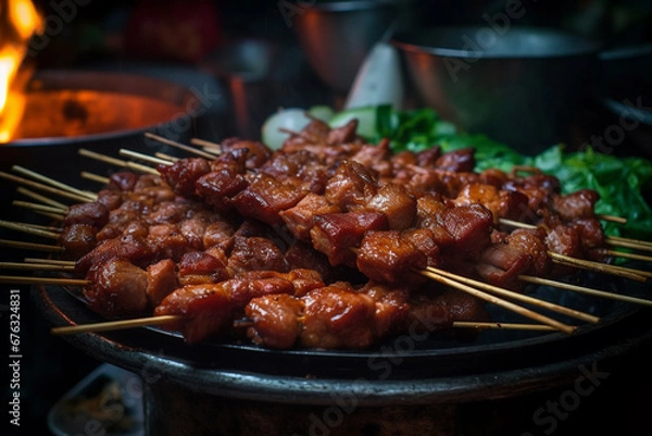 Fototapeta Indulge in the vibrant flavors of Thailand with our delectable street food featuring succulent meat skewers, a culinary journey through the bustling streets of Thai gastronomy. Ai generated