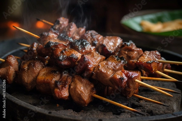 Fototapeta Indulge in the vibrant flavors of Thailand with our delectable street food featuring succulent meat skewers, a culinary journey through the bustling streets of Thai gastronomy. Ai generated