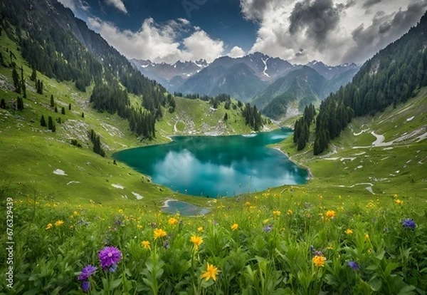 Fototapeta An image of the roaring Ratti Gali Lake surrounded by lush alpine meadows, showcasing the untamed elegance of the Azad Kashmir region.