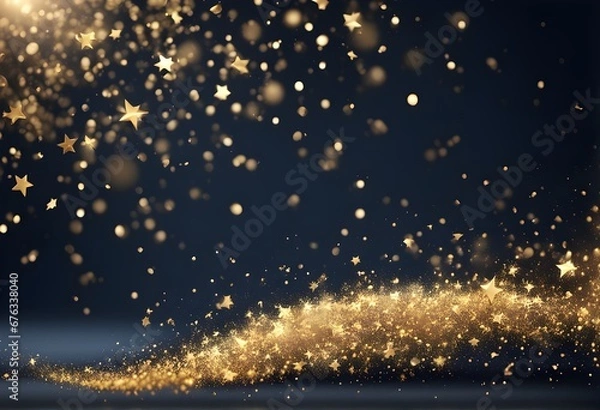 Fototapeta Abstract dark blue background with particles and golden shiny star dust. Christmas feeling. A navy blue backdrop adorned with a shimmering cascade of golden light, creating a captivating bokeh effect.