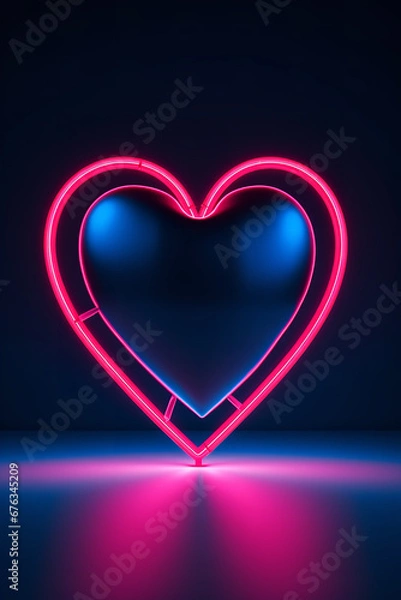 Obraz red heart neon light illustration isolated on blue colored background, dark gray and pink