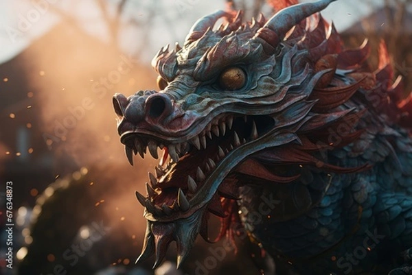 Fototapeta Vibrant chinese dragon puppet in crowded street, capturing festive parade energy and motion.