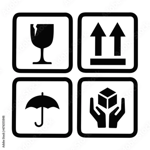 Fototapeta Fragile Packing and Shipping icon set. Cardboard Box Cargo Warning Icon set