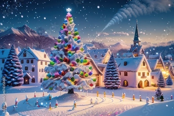 Fototapeta Village at night. Christmas tree with lights and decorations in the center. Greeting card. Generative AI