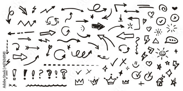 Fototapeta Big doodle set. Arrow, crown, heart, star and other black line hand-drawn icon. Vector sketch isolated illustration