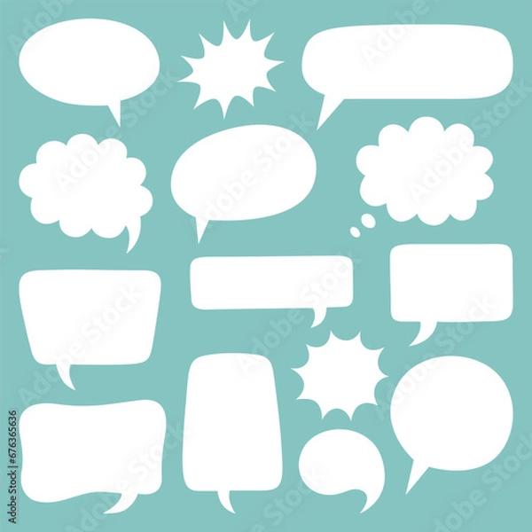 Obraz Cartoon speech bubble set with various shapes. Thinking sign, chatting box or message box. Vector cloud or empty dialog frame on coloured background.