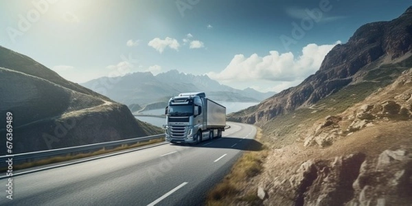 Fototapeta front view of single truck on road to mountain, sunny day