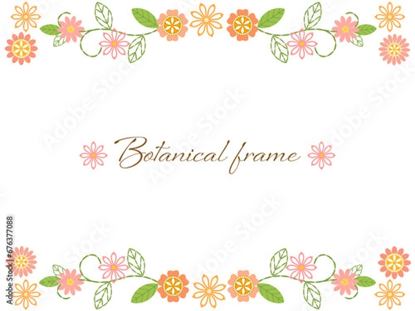 Fototapeta カラフルで可愛い刺繍風の花のフレーム背景イラスト