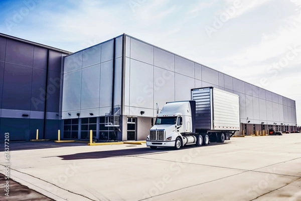 Obraz large-scale logistics through a realistic rendering capturing the essence of a warehouse, dock station, and a commercial office building