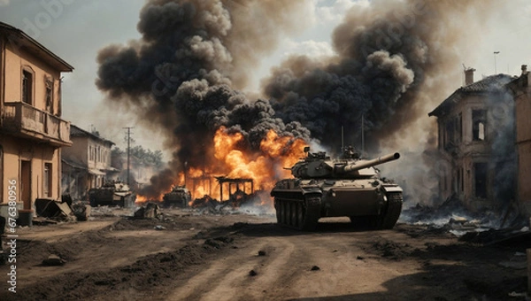 Obraz Burning ruins of destroyed houses in city from bombs or missile attacks. A typical modern armed conflict