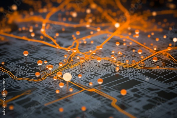 Fototapeta 3D city map with routes and round marks on it