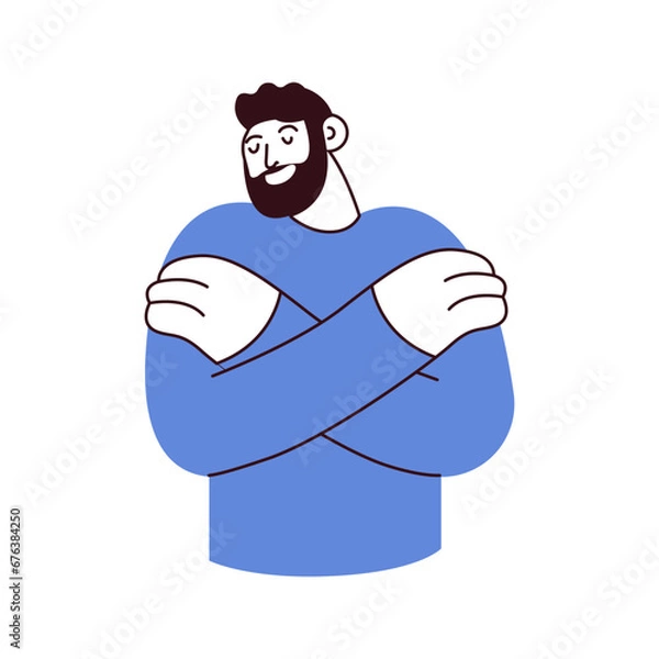 Fototapeta Love yourself. Love your body concept. Take time for your self. Man hugging himself isolated on white background. Black and white modern flat vector illustration