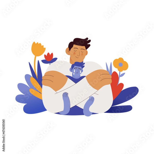 Fototapeta Support your inner child concept. Mental health problems. Blooming flowers on a background. Modern flat vector illustration