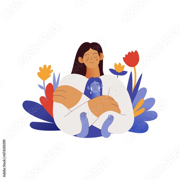 Fototapeta Support your inner child concept. Mental health problems. Blooming flowers on a background. Modern flat vector illustration